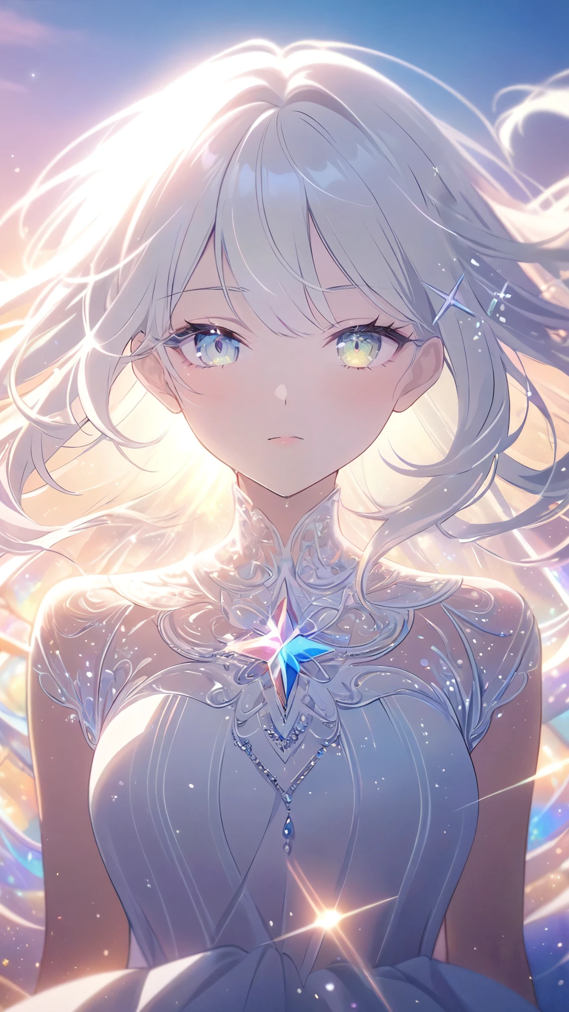 A beautiful young woman with long white hair falling gracefully from the sky, wearing a flowing white dress with a symmetrical, highly detailed face, surrounded by translucent multicolored glitters in a soft, dreamy, and dramatic lighting at golden hour, elegant and intricate,vivid color,sparkling 