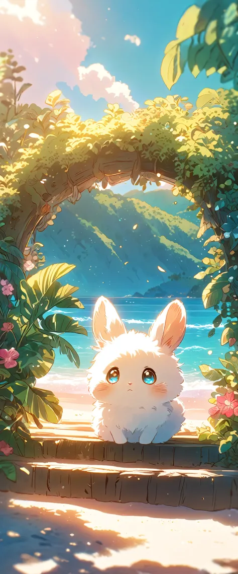 create a close-up, animated illustration of a fluffy baby bunny sitting in beach. emphasize the soft fur, big eyes, and twitchin...