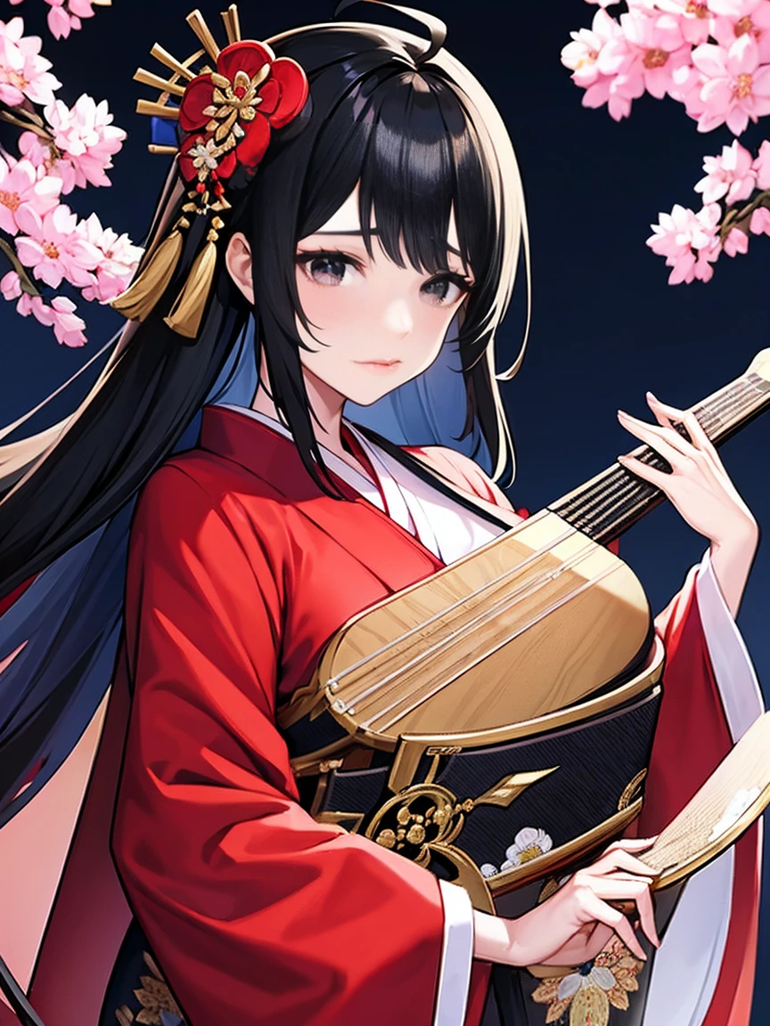 1beautiful middle age woman, solo,long hair,ahoge, black hair, hair ornament, holding, massive upper body, huge huge huge chest,flower, japanese clothes, hair flower, wide sleeves kimono, black eyes, floral print,blue cherry blossoms,look back,music,playing electric guitar,sing, black kimono,japanese ukiyoe digital anime art background,heian era,golden age,