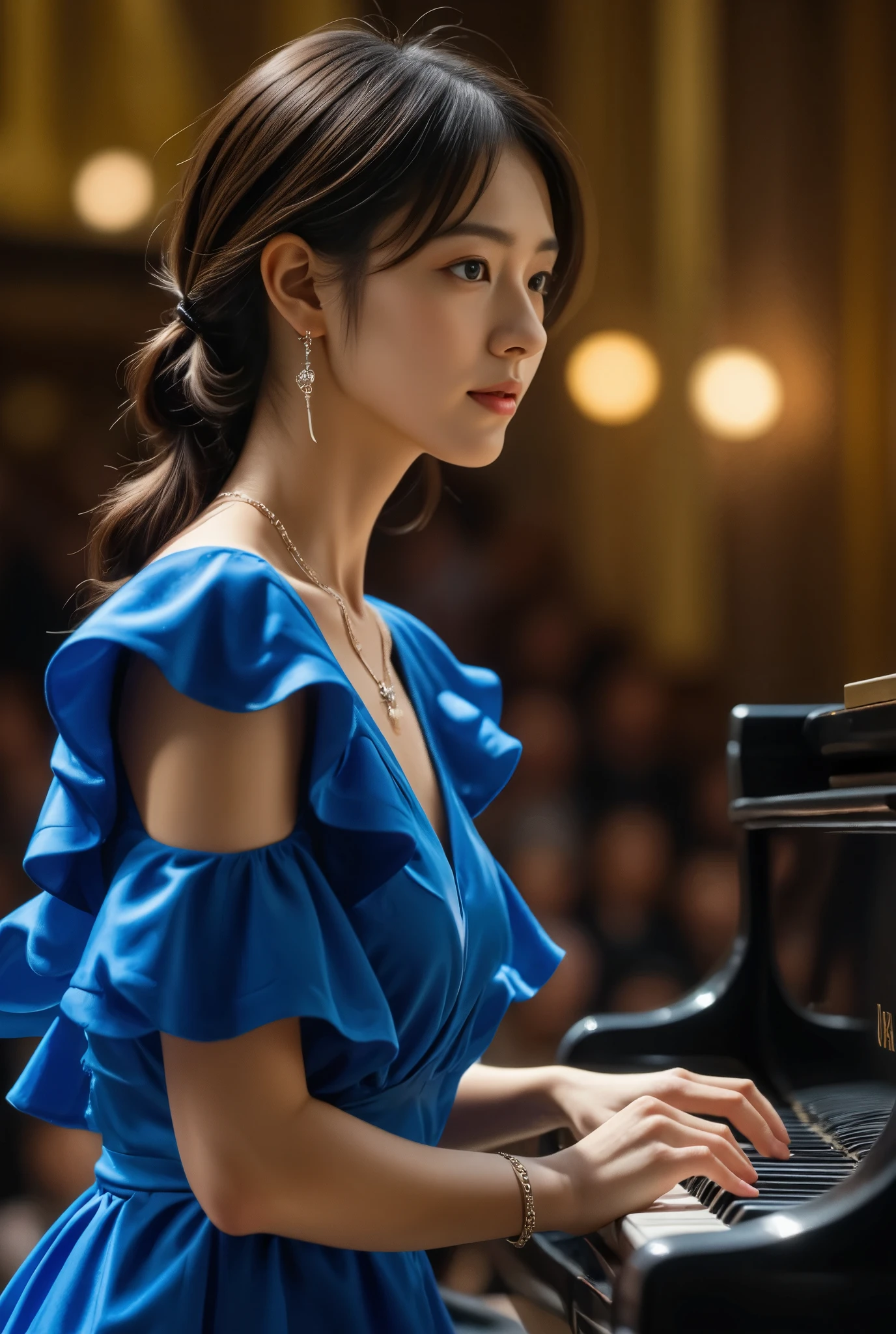 Photo of Japanese girl, earrings, upper body, 1girl, 
necklace, earrings, bracelet, 

The dress is blue, with layers of ruffles flowing down her body. The shoulders are beautifully pleated like a sculpture, adding a touch of sophistication. , 

Playing the piano solo in a concert hall, from the side