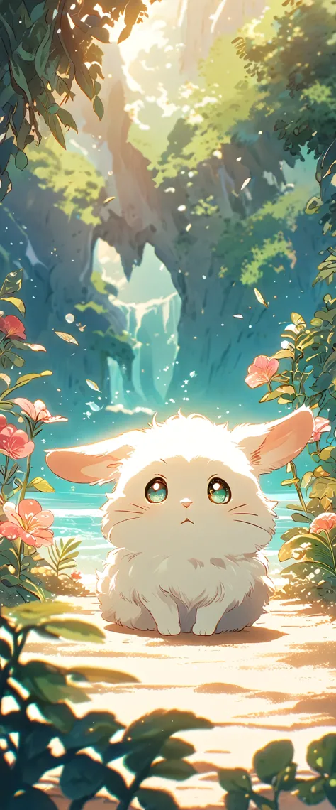 create a close-up, animated illustration of a fluffy baby bunny sitting in beach. emphasize the soft fur, big eyes, and twitchin...