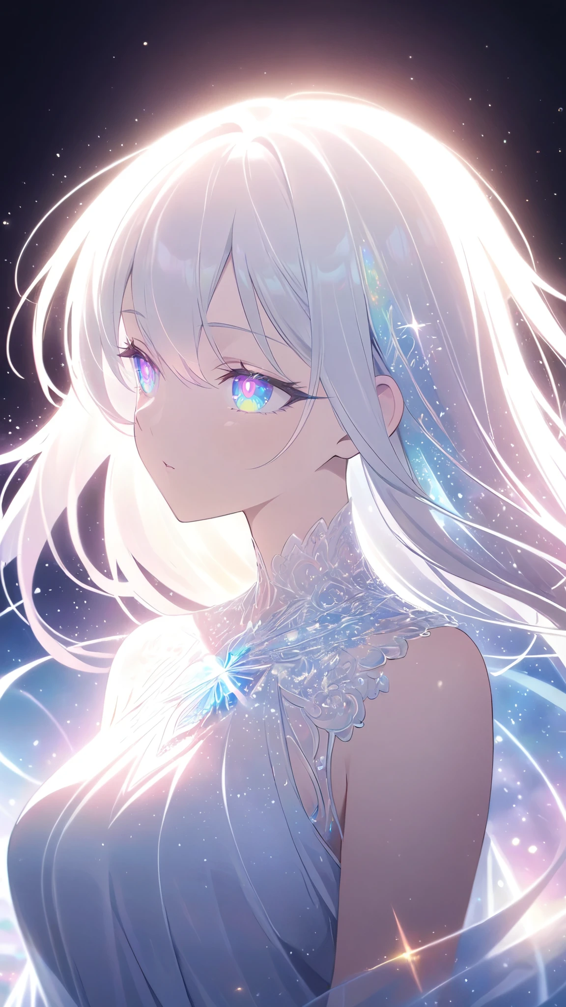 A beautiful young woman with long white hair falling gracefully from the sky, wearing a flowing white dress with a symmetrical, highly detailed face, surrounded by translucent multicolored glitters in a soft, dreamy, and dramatic lighting at golden hour, elegant and intricate,vivid color,sparkling,god rays,iridescence,threads of light,holy aura