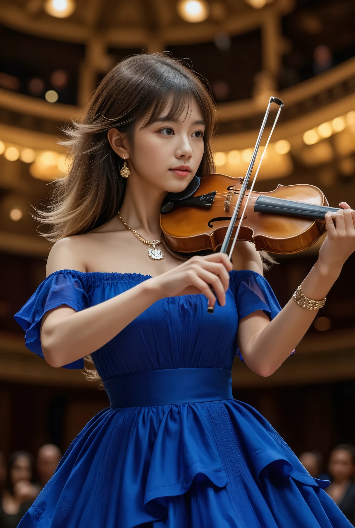 photo of Japanese girl, earrings, upper body, 1girl, 
necklace, earrings, bracelet, 
long hair with layered cut and one-curl perm, brown to blonde speckled hair, curly hair

the dress is cobalt blue, with layers of ruffles flowing down her body. the shoulders are beautifully pleated like a sculpture, adding a touch of sophistication. , 

playing the violin solo in a concert hall, from the side