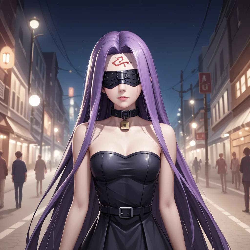 Medasa Rider, Ride Medusa, Long Hair, very Long Hair, Purple Hair, Facial marks, Forehead mark Taihai, dress, Clevis, Shoulder, Sleeveless, black dress, collar, Strapless, Strapless dress, Blindfold, forward leaning posture, 8k, ((Mastepiece)),(((Best Quality))),((Super detailed)),((((Realism)))), Photorealistic:1.37, (Ultra-realistic), (Illustration), (High resolution), (Very detailed), (最高のIllustration), (Super detailed細壁紙), (Detail face), (Beautiful expression), ((詳細 Best Qualityのスキン:1.2)), ((Moist skin)), ((Super detailed細な背景, Detailed background, Harbour Street, Dark Night, Jump over the city, Dynamic posing)), Dutch Angle, looking at viewer, Combat Ready, lock blade, connection lock, knife