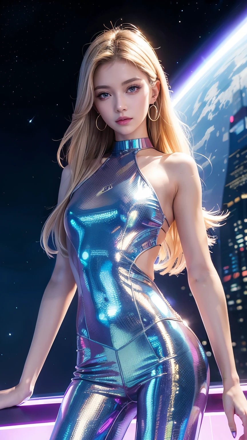 Futuristic manmade cityscape in space with holographic neon lights illuminating the sky, Reflected in the glass of a skyscraper. ((Best Quality)), ((masterpiece)), (detailed), (High altitude shot from space), Full body image, Unusual beautiful girl,  Scandinavian girl, Very young, slim, blue eyes, One small necklace, Small earrings, A shy smile, ((detailedな顔)), Yellow long hair, Attractive pose, Dynamic Movement, Natural Makeup, Pink Eyeshadow, Background of the future city in space, racer&#39;Clothing and helmet, Futuristic Space, ((Space Station)), Bright spot LED lighting, A vast cosmic story, ((Circuit girl standing next to a Ferrari))