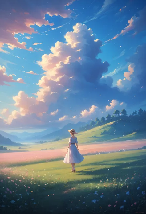 one color palette,monotonous painting masterpiece, field and the girl,score_9,score_8_up,score_7_up