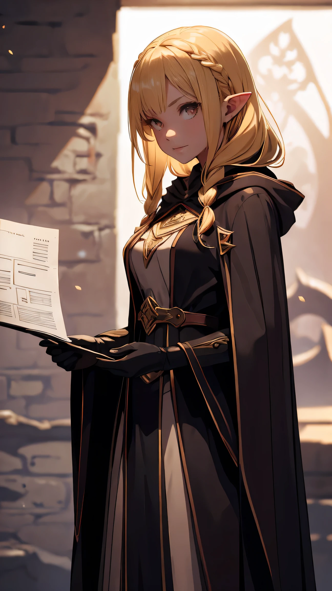 girl, ((solo)), elf. adult. blonde. ((golden hair)). ((red eyes)). ((vampire)). fully closed clothing. hood and cloak. long sleeves. gloves. long hair braided. shadow mage. shadow mage. controls dark matter. best quality. masterpiece. ((dnd)). dungeons and dragons. mage's staff. sorcerer. character.((character sheet)).((character from different sides)).
