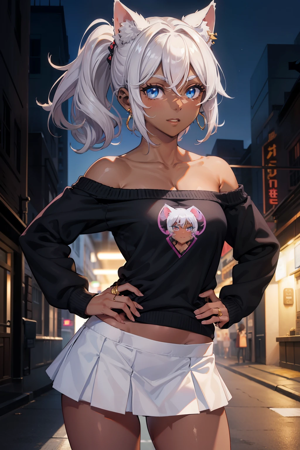  (masterpiece), (best quality), (High quality), high resolution, BREAK expressive eyes, perfect face, 1girl, grey cat ears: 1.7, medium hair, grey hair, wavy hair, curly hair ends, short side ponytail BREAK, (big eyes, perfect eyes, blue eyes, thick eyelashes, thin eyebrow, BREAK short height, slim bulid,  happy smile, strong blush, medium breasts, (dark skin: 1.8), long fingernails, nail decorations BREAK (earrings, golden ring earrings), (rings on fingers), (pink sweater: 1.4, off shoulders), clevage, loose fit, long sleeves, no bra, (bare shoulders, visible collarbone), (white mini skirt: 1.4), (loose socks:1.4), sneakers, BREAK standing, contrapposto, hands on own hips, front to the viewer, cowboy shot, upper body, view from front, city, street, random crowd, noon 