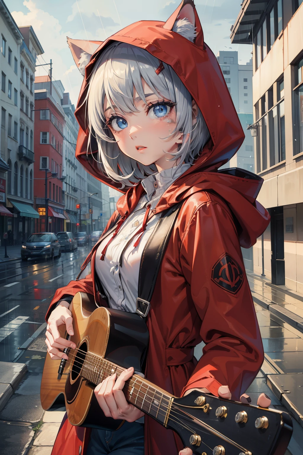  (masterpiece), (best quality), (High quality), high resolution, BREAK expressive eyes, perfect face, 1girl, grey cat ears: 1.7, medium hair, grey hair, pixie cut BREAK, (big eyes, perfect eyes, blue eyes, thick eyelashes, thin eyebrow, tears BREAK short height, slim bulid,  sad, singing, open mounth, medium breasts BREAK oversized red raincoat, (hood on:1.2) BREAK standing, holding acoustic guitar, playing guitar, front to the viewer, cowboy shot, upper body, view from front, city, street, random crowd, raining, rain, cloudy