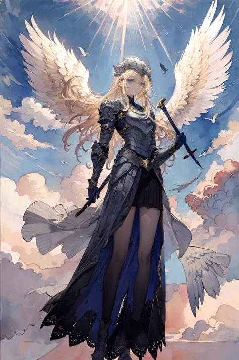 ((best quality)), ((masterpiece)), (detailed),watercolor,angel with bird of prey wings,silver armor,sacred,helmet with feathers,...