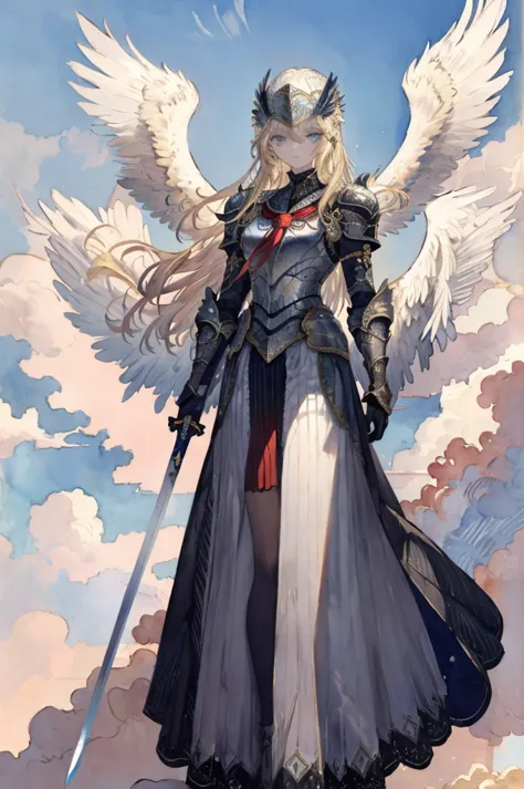 ((best quality)), ((masterpiece)), (detailed),watercolor,angel with big bird of prey wings,silver armor,sacred,helmet with feath...