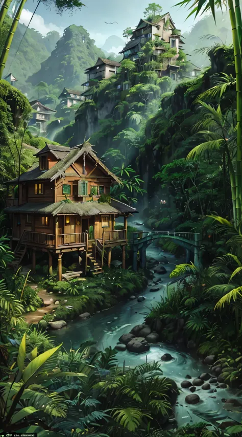 a view of a small village in the jungle with a river running through it, bamboo huts, tribe huts in the jungle, mountainous jung...