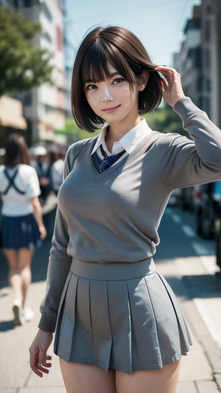 (8k, RAW Photos, Highest quality masterpiece:1.2), (Realistic, photo-Realistic:1.4), (High resolution 8K 壁紙), Sharp focus, Written boundary depth, Cinema Lighting, Soft Light, Gentle and beautiful eyes, shiny smooth light brown Short Bob Hair, Asymmetrical bangs, Glowing Skin, Ultra-Dense Skin,High resolution, Attention to detail, Detailed hairstyle, Attention to detail顔の美しさ, hyper Realistic, Perfect limbs, Perfect Anatomy, Japanese, Japanese有名なアイドル, Perfect female body, Large Breasts, (smile), Short eyelashes, Double Eyelids, Short Bob Hair, (School uniform : 1.3), (Micro Mini Skirt Grey Micro Mini Skirt:1.3), Observe the audience, (Crowded street:1.3), Cowboy Shot