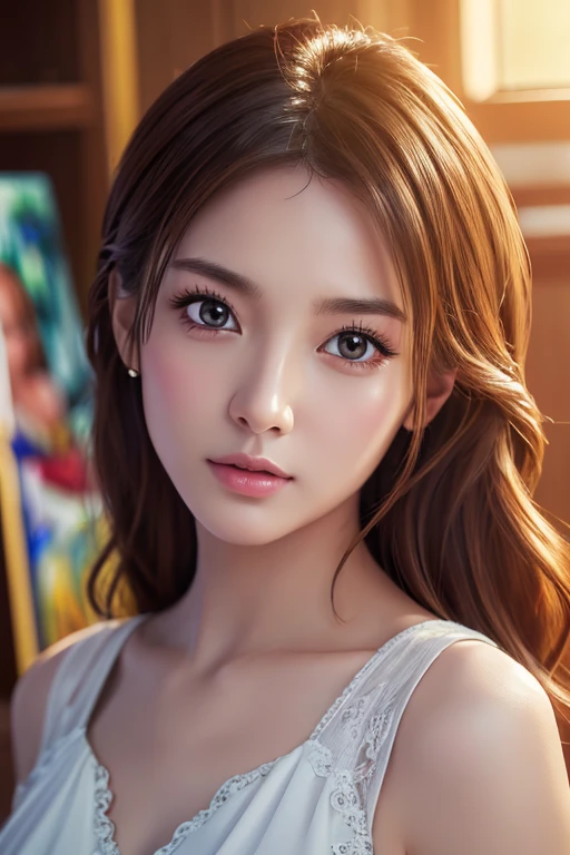 ((Best Quality)),(超High resolution),(Very detailed),(Detailed Description),((The best CG)),(masterpiece),Ultra-detailed art、(Best Quality、8k、32K、masterpiece)、(Realistic)、(Realistic:1.2)、(High resolution)、Very detailed、Very beautiful face and eyes、1 female、Small waist、Delicate body、(Best Quality、Attention to detail、Rich skin detail)、(Best Quality、8k、Oil paints:1.2)、Very detailed、(Realistic、Realistic:1.37)、Bright colors、