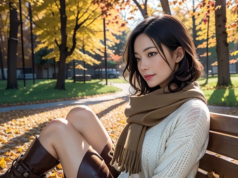 (Best Quality,4K,8k,High resolution,masterpiece:1.2),Very detailed,(Realistic,Realistic:1.3),Beautiful autumn holidays,Japanese Wife、Quiet atmosphere,秋のautumn leaves,Cozy atmosphere,Warm sunshine,Golden Leaf,Fresh air,Rustic wooden bench,autumn leaves,((Earth-toned scarves,Soft sweater,Long boots)),Bob Hair、Enjoy a cup of hot coffee,The faint sound of leaves,Quiet Moments,A kind smile,,Looking at the beautiful scenery,Leaves dancing in the wind,Gentle sunlight shining into the forest, Blissful Leisure, Autumn sunlight,Serene atmosphere,,Harmony with Nature,Perfect setting,Autumn color palette,Amber tint,Subtle orange and yellow,Red and brown accents,Calm expression,Rich Nature,Vibrant colors,Soft Shadows,Autumn Light、A gentle gaze、50 years old、Middle-aged skin
