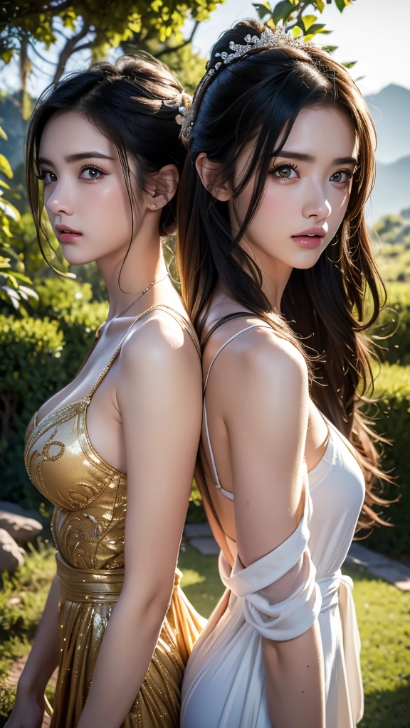 ((2girls)), standing back to back, masterpiece, Best Quality, Illustration, Ultra-detailed, finely detail, hight resolution, 8K Wallpaper, Perfect dynamic composition, Beautiful detailed eyes , Sexy face, Face feeling ecstasy, Face at the peak of sexual arousal, looking at viewer, ((outdoor background)), casual loose gown, black hair, perfect slim body, hair ornament, same tall