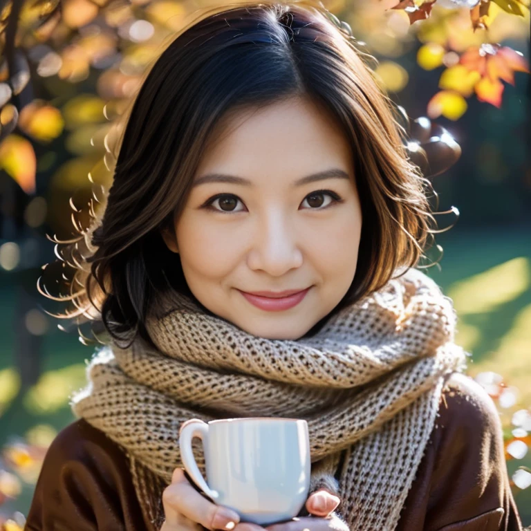 (Best Quality,4K,8k,High resolution,masterpiece:1.2),Very detailed,(Realistic,Realistic:1.3),Beautiful autumn holidays,Japanese Wife、Quiet atmosphere,秋のautumn leaves,Cozy atmosphere,Warm sunshine,Golden Leaf,Fresh air,Rustic wooden bench,autumn leaves,((Earth-toned scarves,Soft sweater,Long boots)),Bob Hair、Enjoy a cup of hot coffee,The faint sound of leaves,Quiet Moments,A kind smile,,Looking at the beautiful scenery,Leaves dancing in the wind,Gentle sunlight shining into the forest, Blissful Leisure, Autumn sunlight,Serene atmosphere,,Harmony with Nature,Perfect setting,Autumn color palette,Amber tint,Subtle orange and yellow,Red and brown accents,Calm expression,Rich Nature,Vibrant colors,Soft Shadows,Autumn Light、A gentle gaze、50 years old、Middle-aged skin
