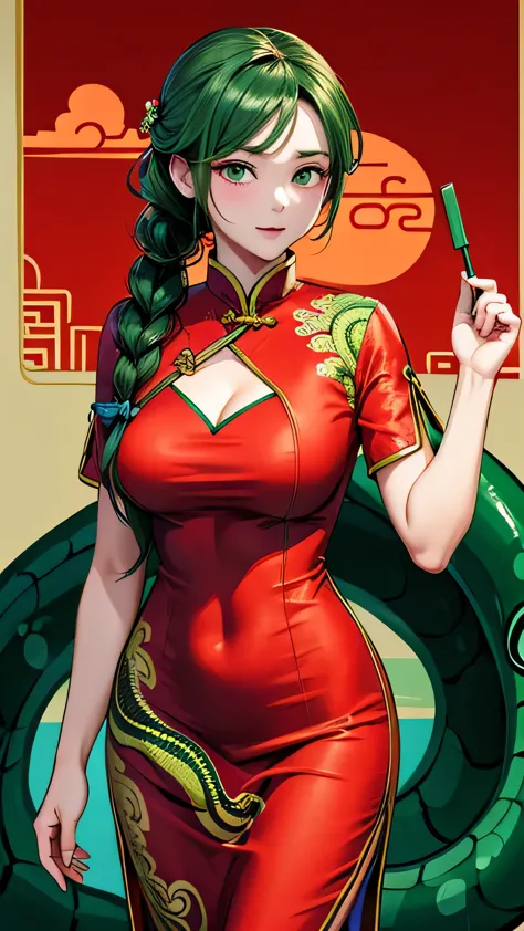 a woman wearing a chinese dress with a green snake print