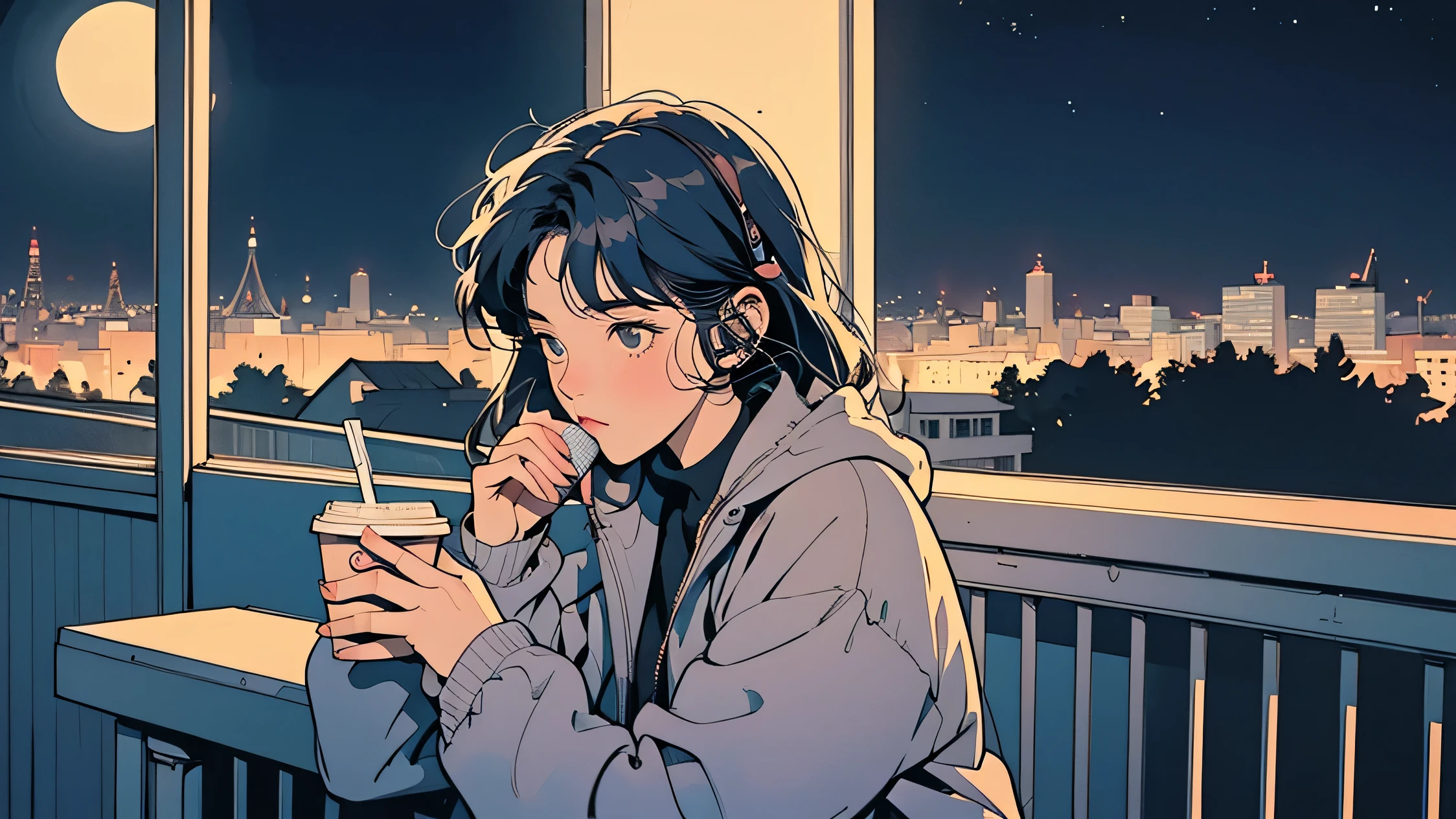 A girl drinking hot coffee while listening to jazz music through headphones, Watching the night sky from the balcony, alone, Lofty Girl, Lo-fi Art Style, Lofty Girl aesthetic, By Gairan, anime aesthetics, relaxed mood, lo-fi illustration style