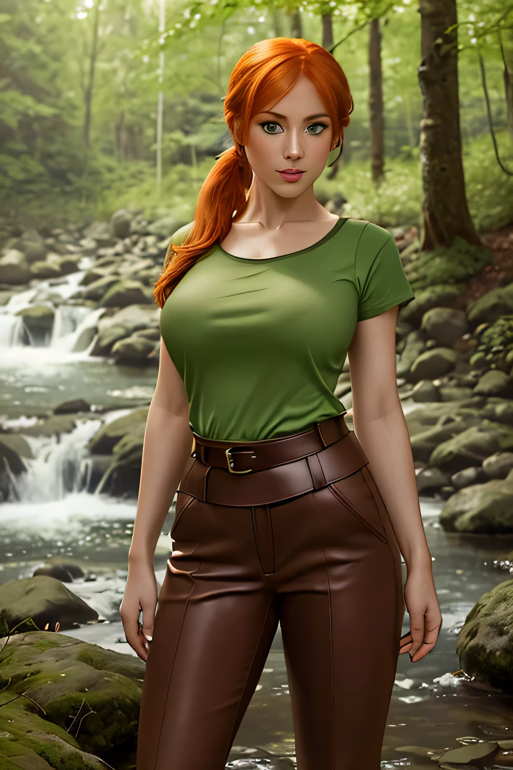 close up 1girl in, photo of Alex, Alex Minecraft, Solo, (messy orange hair, short ponytail over left shoulder, Ginger hair, (green eyes: 1.2), (perfect clear skin, pale skin, detailed skin, large breasts, round breasts, perfect body, skinny, thin), (thin hips, thin waist: 1.25), neutral face, mischievous smile, (wearing a green t-shirt, brown bush pants, leather belt, dark leather boots), in a forest forest, surrounded by square trees, on a square rock by a stream, (realistic photo, best quality, detailed), (8k wallpaper), (cinematic lighting, beautiful light, (noon:1.3)) (sharp focus, intricate), (dslr, realistic, looking at viewer, sharp focus, delicate, soft colors, cinematic)