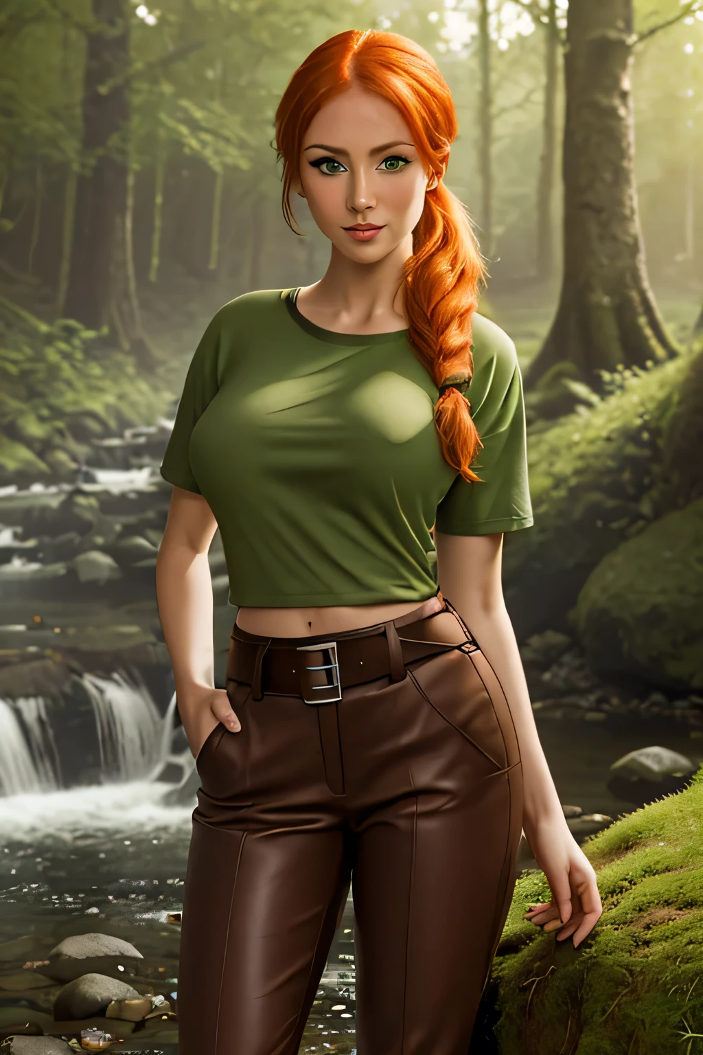 close up 1girl in, photo of Alex, Alex Minecraft, Solo, (messy orange hair, short ponytail over left shoulder, Ginger hair, (green eyes: 1.2), (perfect clear skin, pale skin, detailed skin, large breasts, round breasts, perfect body, skinny, thin), (thin hips, thin waist: 1.25), neutral face, mischievous smile, (wearing a green t-shirt, brown bush pants, leather belt, dark leather boots), in a forest forest, surrounded by square trees, on a square rock by a stream, (realistic photo, best quality, detailed), (8k wallpaper), (cinematic lighting, beautiful light, (noon:1.3)) (sharp focus, intricate), (dslr, realistic, looking at viewer, sharp focus, delicate, soft colors, cinematic)