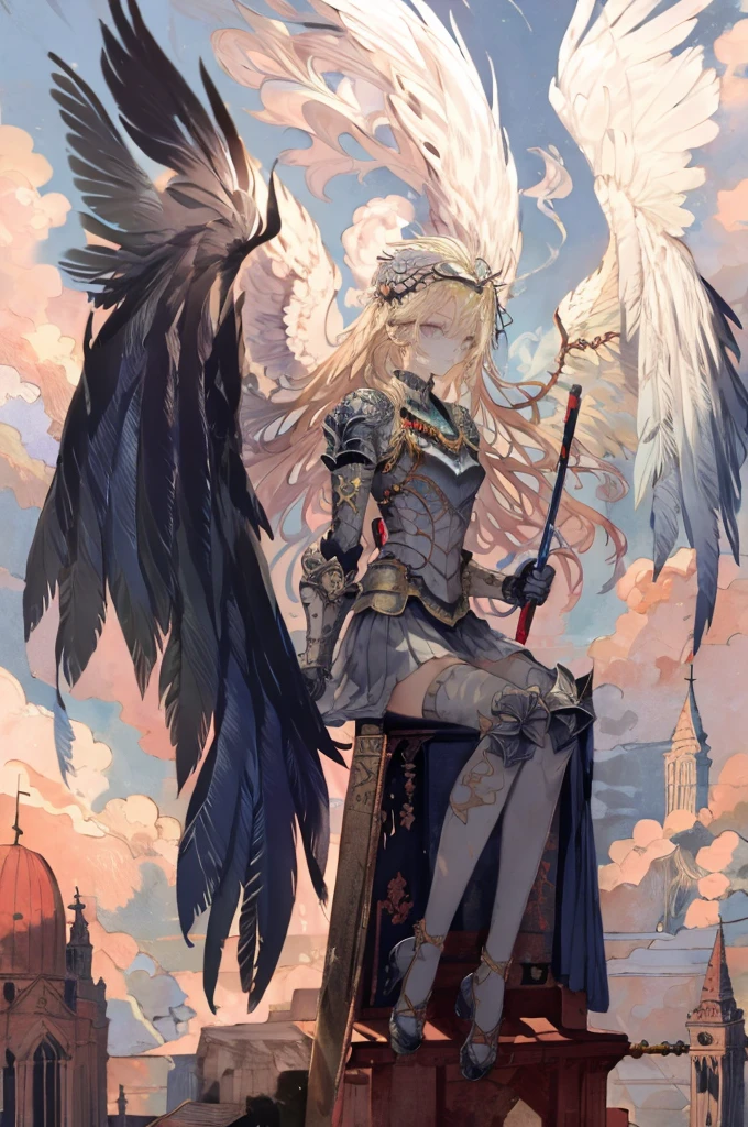 ((Best Quality)), ((masterpiece)), (detailed),An angel with large bird of prey wings sitting with knees raised to his chest, Landing Wings,Makeup,Silver Armor,Sacred atmosphere,Helmet with feathers,(Blonde long hair),blue eyes,Beautiful Face,Slim and toned body.,Brave, (Long Greaves),Sheer long skirt,Has a long sword,Above the clouds,blue sky,Floating,