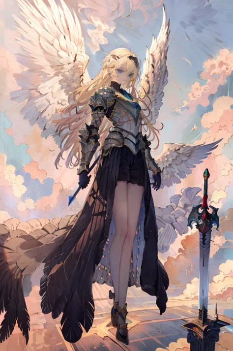 ((best quality)), ((masterpiece)), (detailed),an angel with large bird of prey wings and knees raised to his chest, landing wing...