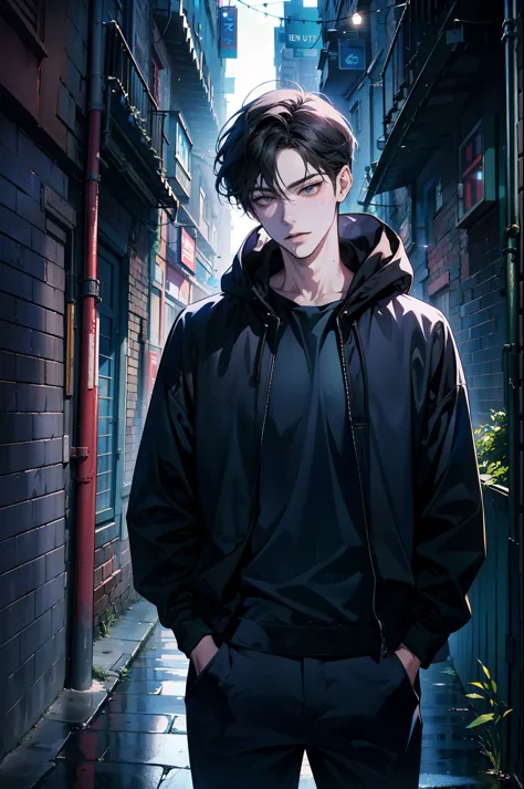 a tall man standing in a dimly lit alleyway, wearing a dark grey hoodie with the hood pulled up, partially obscuring his face. t...