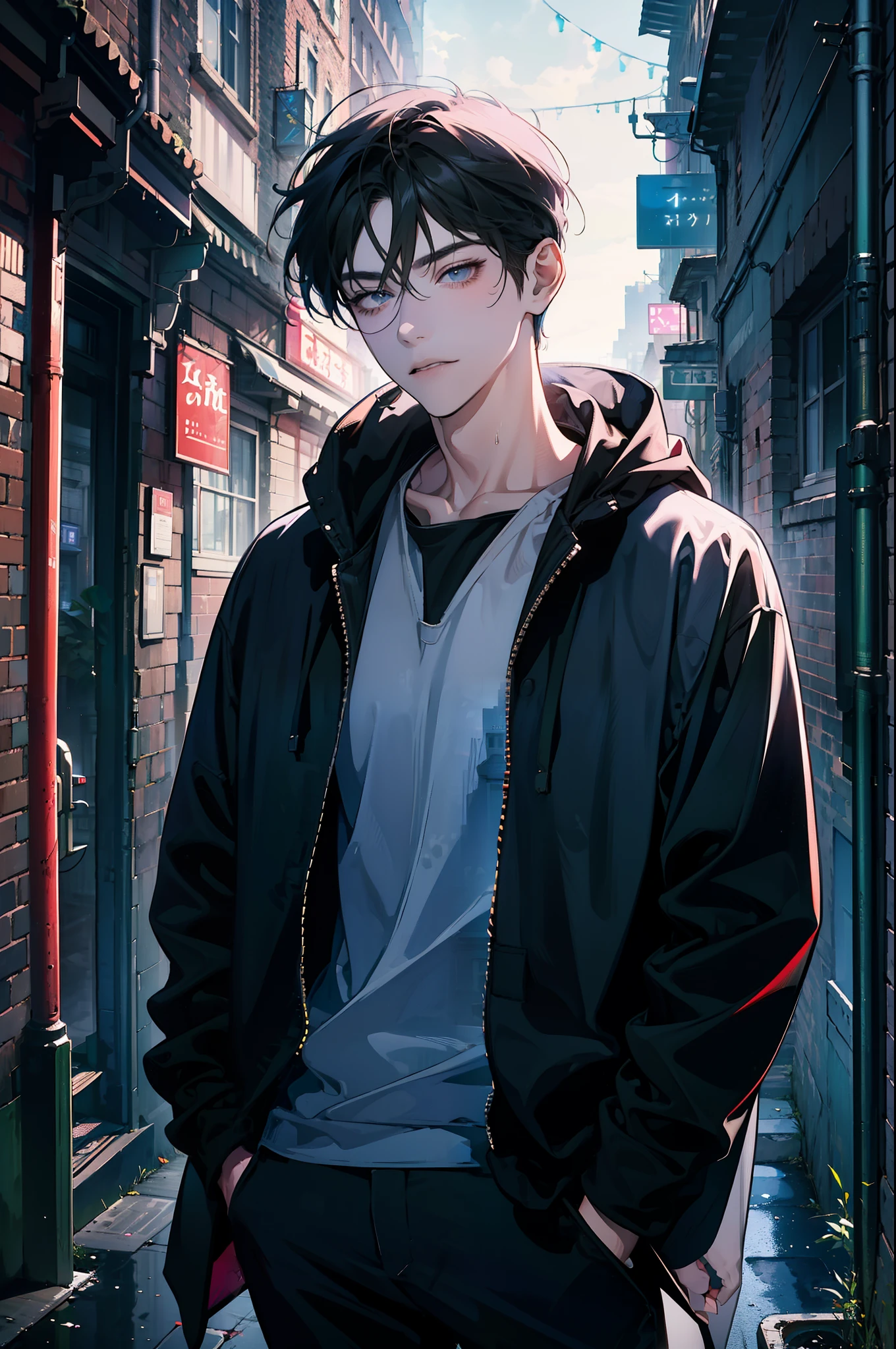 A tall man standing in a dimly lit alleyway, wearing a dark grey hoodie with the hood pulled up, partially obscuring his face. The alley is wet from a recent rain, reflecting the neon lights from nearby signs. His hands are in his pockets, and he’s leaning casually against a brick wall, with steam rising from a nearby grate. The scene feels mysterious, as shadows dance across his figure, adding to the air of intrigue and secrecy around him.