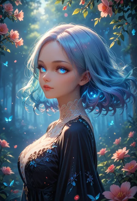 ((masterpiece)), (best quality), (detailed), (1 girl), light blue gradient hair, light blue glowing eyes, straight hair, in a mo...