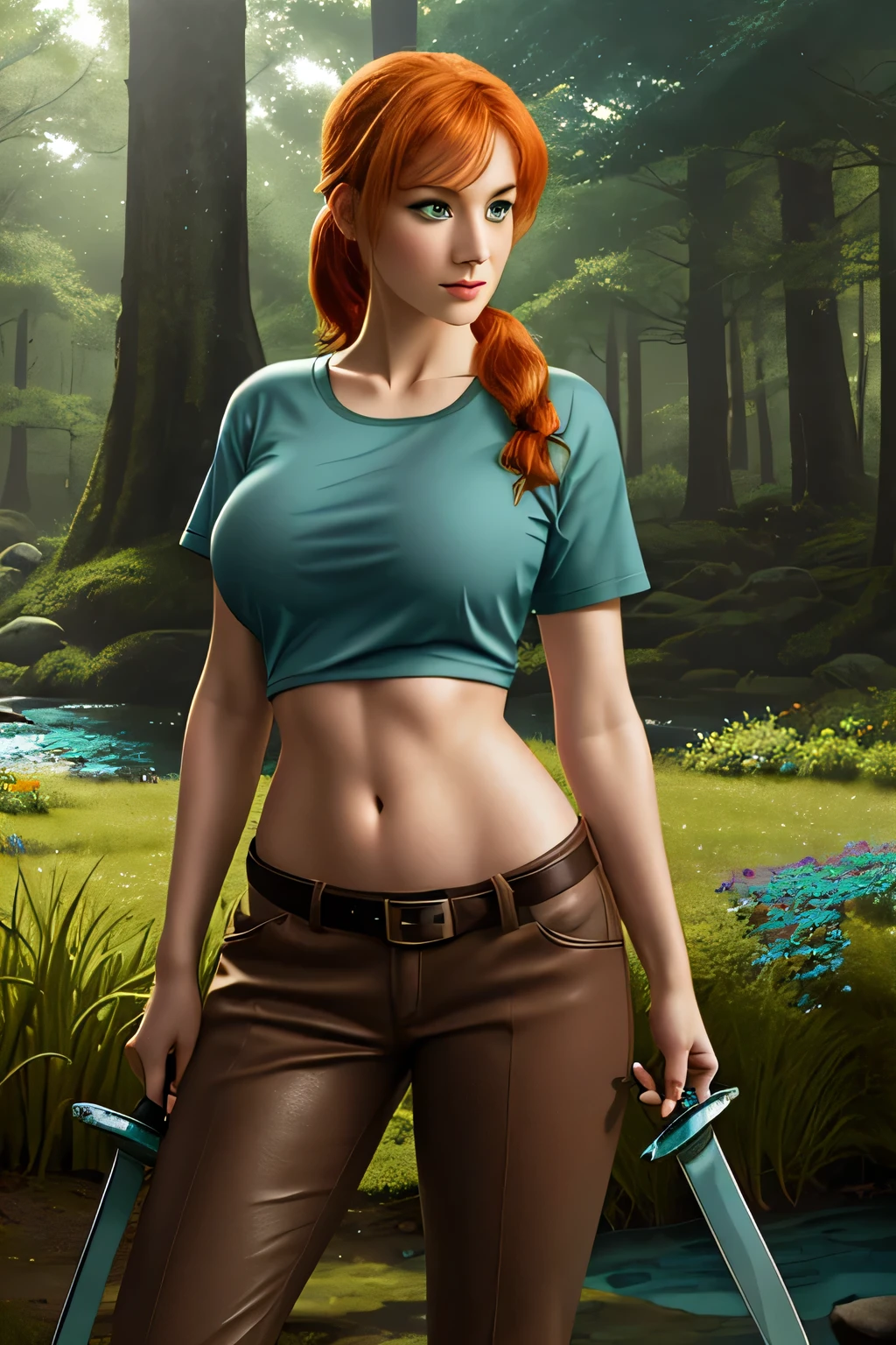 close up 1girl in, photo of Alex, Alex Minecraft, Solo, (messy orange hair, short ponytail over left shoulder, Ginger hair, (green eyes: 1.2), (perfect clear skin, pale skin, detailed skin, large breasts, round breasts, perfect body, skinny, thin), (thin hips, thin waist: 1.25), neutral face, mischievous smile, (wearing a green t-shirt, brown bush pants, leather belt, dark leather boots), (holding a teal blue sword:1.6), in a forest forest, surrounded by square trees, on a square rock by a stream, (realistic photo, best quality, detailed), (8k wallpaper), (cinematic lighting, beautiful light, (noon:1.3)) (sharp focus, intricate), (dslr, realistic, looking at viewer, sharp focus, delicate, soft colors, cinematic)