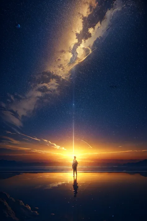 (highly detailed cg unity 8k wallpaper), a man looking up at the night sky, the most beautiful space art panorama, sf universe s...