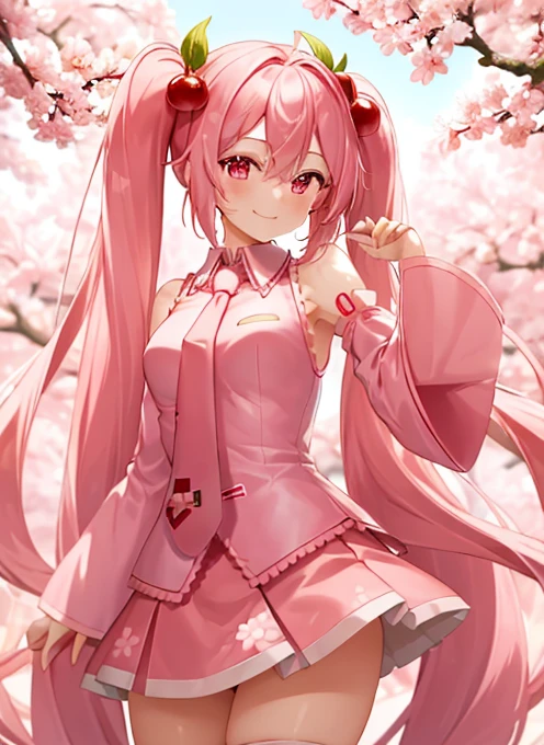 ((Best Quality)), ((Very detailed)), masterpieceabsurdres, (Fine grain, Deep Eyes), (One girl), whole body, Hatsune Miku Sakura Miku, Very long hair, Pink Hair, Pink Eyes, smile, Pink Dress, Sleeveless, Wide Sleeves White Sleeves, Pink tie, Pink Skirt, Pink knee socks, Pink Shoes, cherry blossoms blossom print, cherry blossoms, cherry blossoms blossoms, (internal, Office lady in the office)