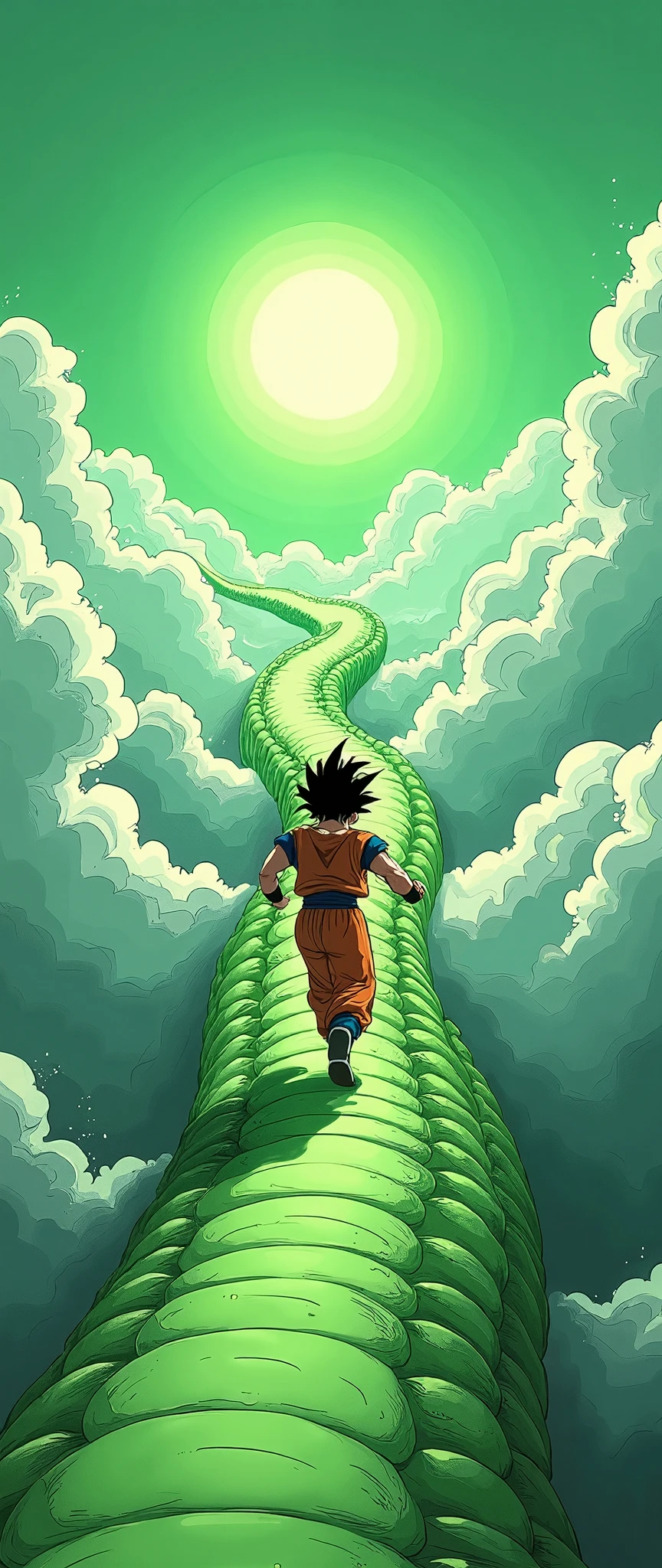 (masterpiece:1.2,Superior Quality,Mirror-like,Cinematic Experience,Best illustrations:2.0),8k,wallpaper,(Dragon Ball),(Goku running along a giant snake-shaped path in a sea of clouds),(comics),(Akira Toriyama),(Green-themed design),(Green snake road),(dynamic)