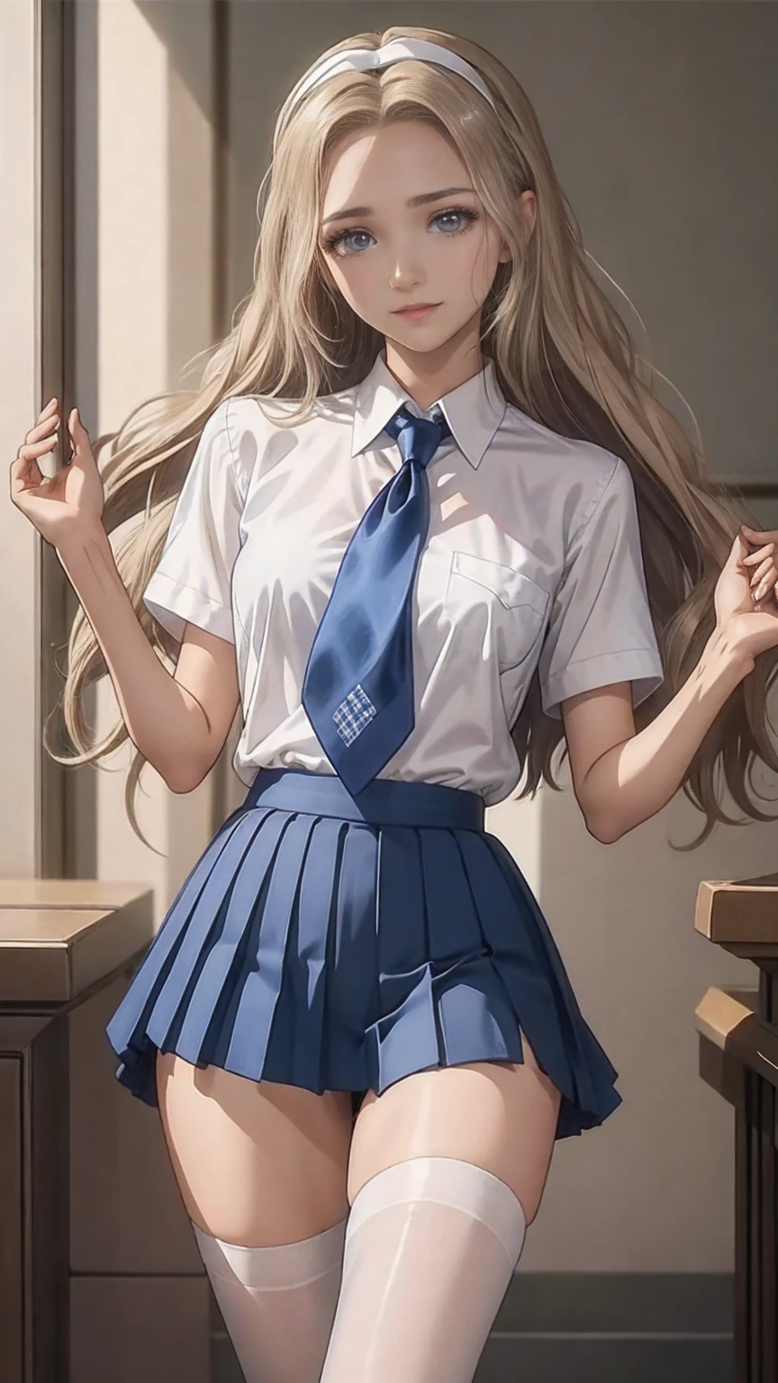 ((Best Quality)), ((masterpiece)), (detailed), (Focus on the characters、Focus on breasts,whole body), Anime 2D Rendering, Realistic young anime woman, Five fingers, Perfect Face, Beautiful details, Beautiful body, Beautiful breasts, beautiful thighs, (Small breasts)、Beautiful legs, (White beautiful skin), baby face、 Girl、一人Girl, blonde、(Long Hair、White headband), ((Collared short-sleeved shirt, White shirt, Blue checkered pleated skirt, Blue tie))、(Black Pantyhose、), Wicked Smile、((Green))、garden、She turns her face and body towards the viewer，A pretty face and a charming smile，Standing、