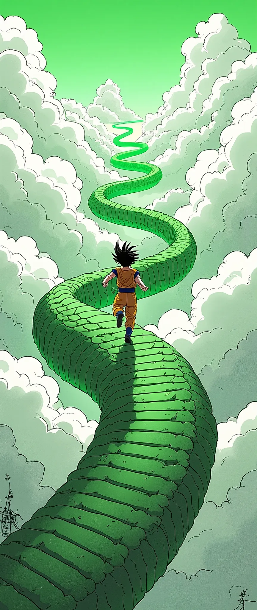 (masterpiece:1.2,Superior Quality,Mirror-like,Cinematic Experience,Best illustrations,Super detailed),8k,wallpaper,(Dragon Ball),(A view of Goku running along a giant snake-shaped path in the sea of clouds),(comics:1.6),(Monochrome:1.6),(Toriyama Meifeng:1.6),(Draw everything in green),(Green snake road),(dynamic)