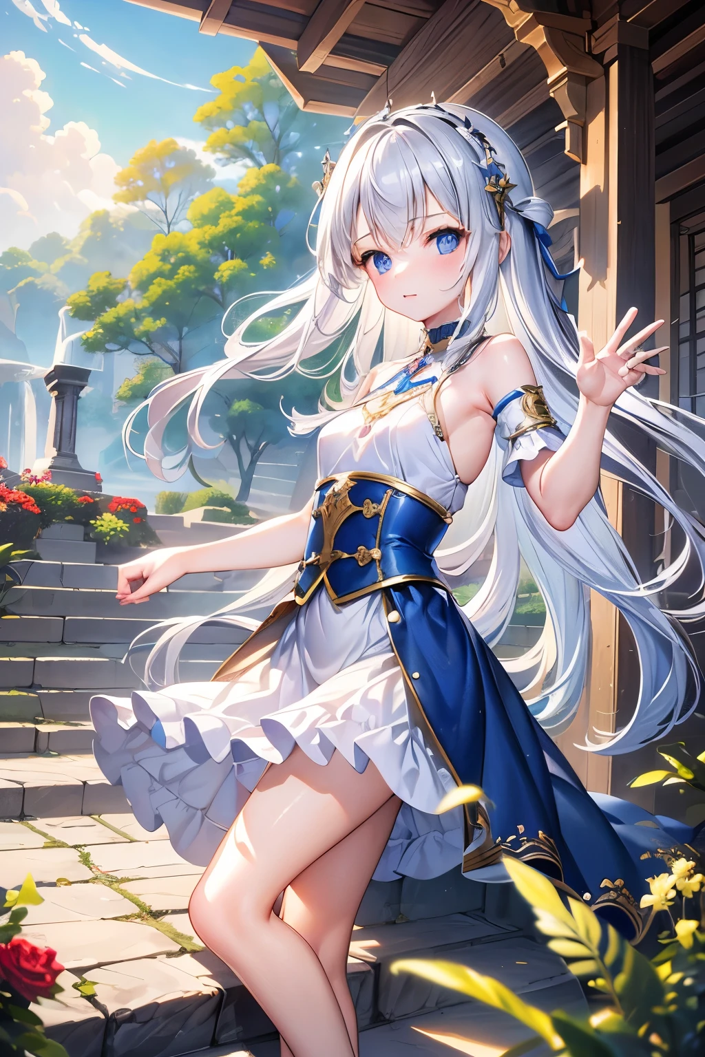 masterpiece,Best Quality,Very detailed,beautiful girl, teenager,High Fantasy,Fantasy national costume,Outdoor,Stairs to the sky,Small breasts,Narrow waist,Straight silver hair,Perfect Blue Eyes,Very cute,Active pose
