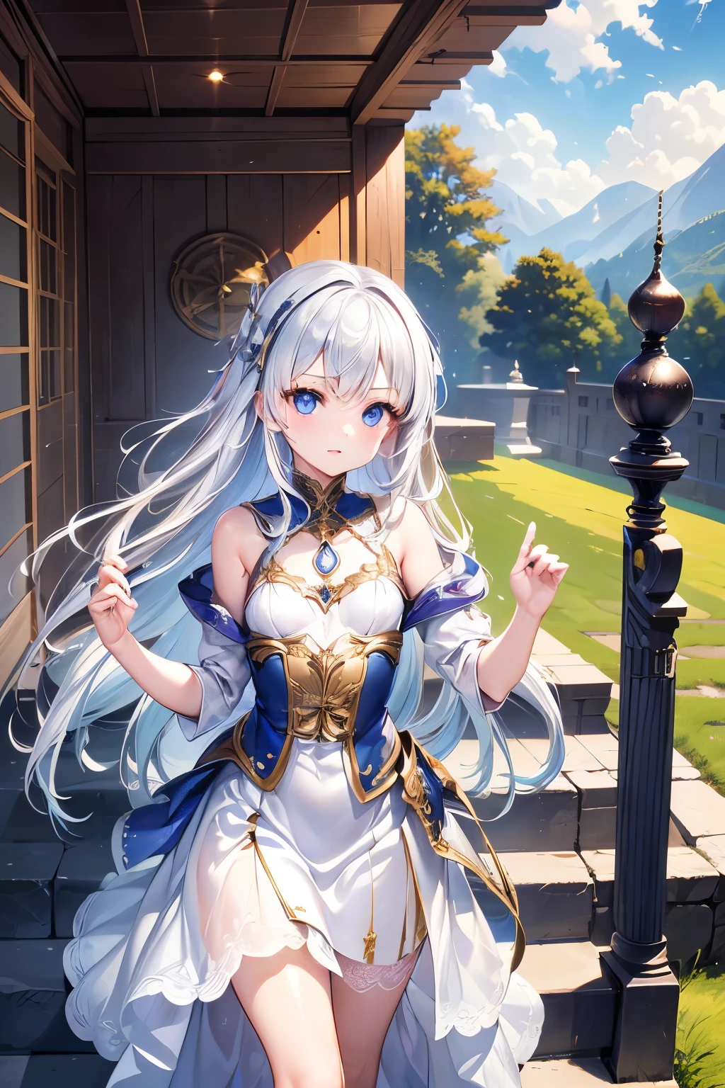 masterpiece,Best Quality,Very detailed,beautiful girl, teenager,High Fantasy,Fantasy national costume,Outdoor,Stairs to the sky,Small breasts,Narrow waist,Straight silver hair,Perfect Blue Eyes,Very cute,Active pose
