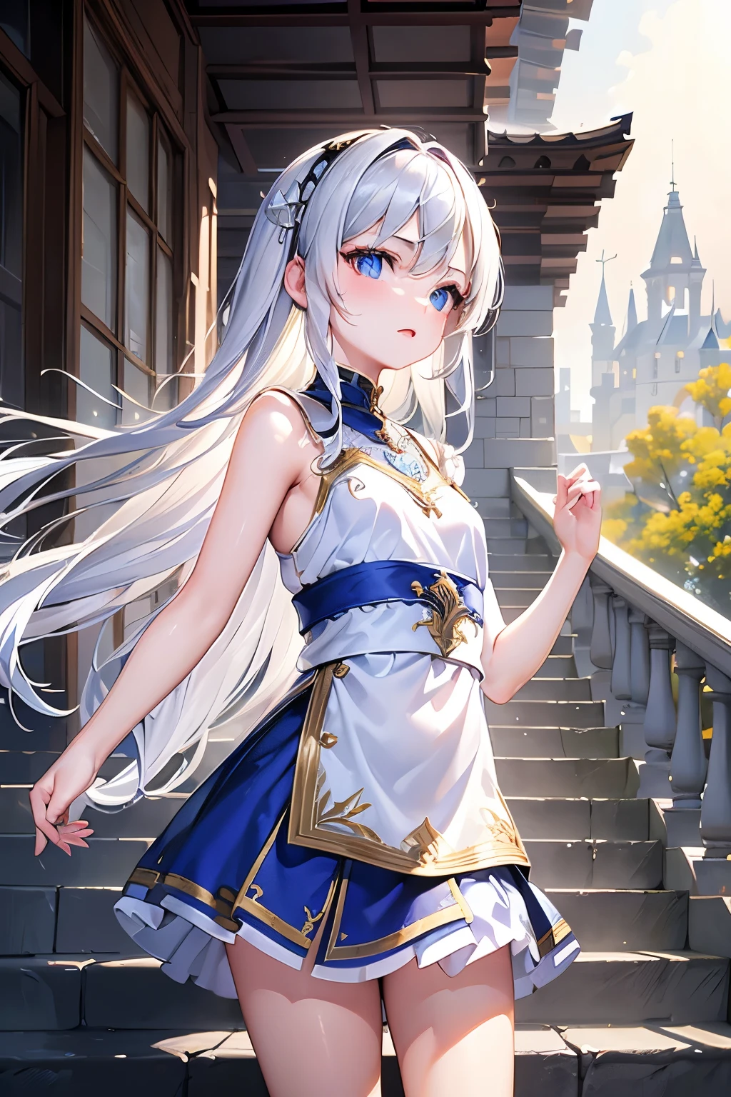 masterpiece,Best Quality,Very detailed,beautiful girl, teenager,High Fantasy,Fantasy national costume,Outdoor,Stairs to the sky,Small breasts,Narrow waist,Straight silver hair,Perfect Blue Eyes,Very cute,Active pose
