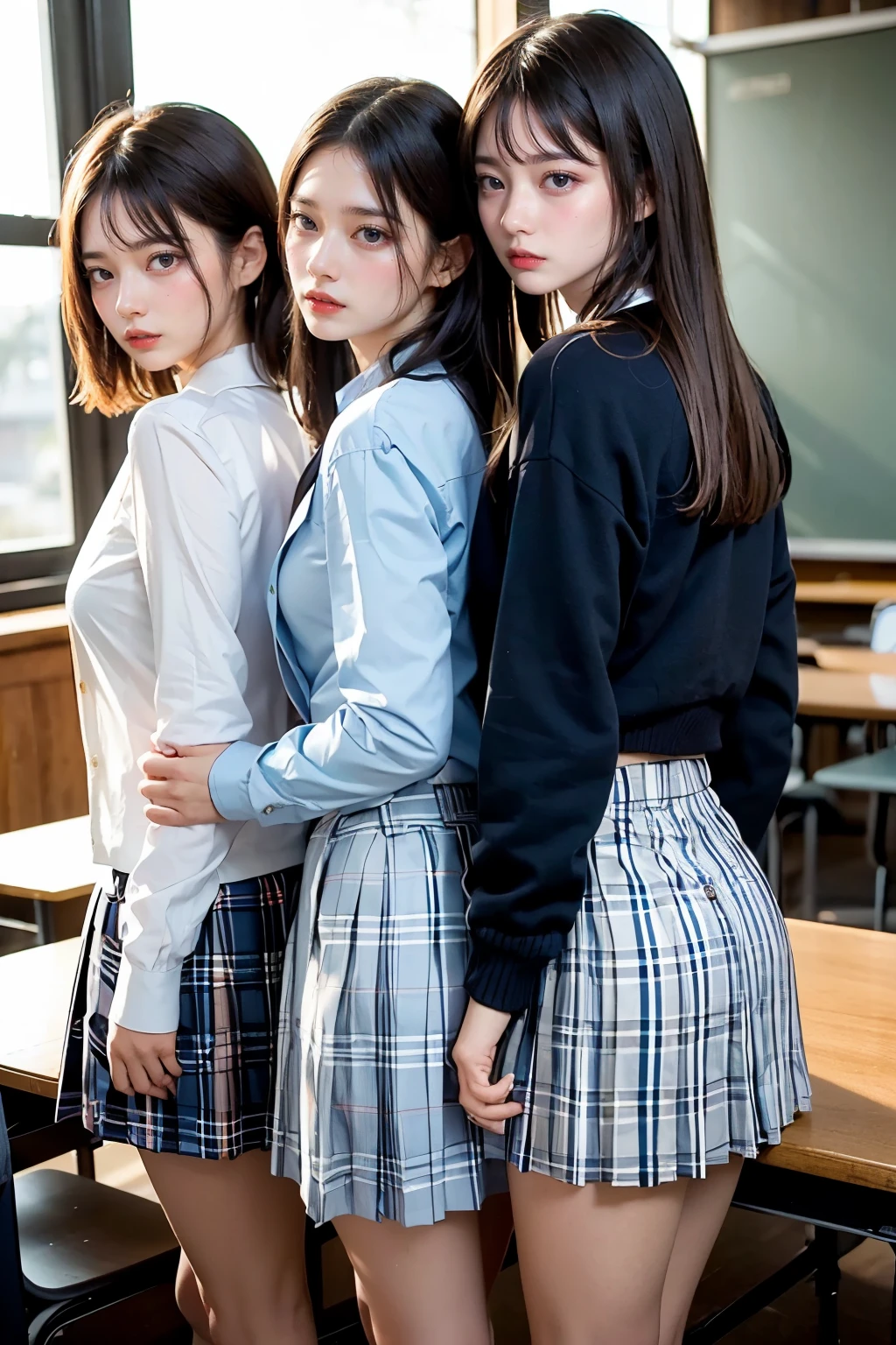 Masterpiece, 4K, bokeh, school uniform, Beautiful girls, group photo, harem, multiple girls, (Three girls in:1.6), (Bob hair:1.3), close up, classroom, sunset, Looking at the viewer, cowboy shot, (From behind:1.4)

BREAK (cute school uniform:1.3), ((outerwear is dark navy cotton cardigan, closed front, long sleeves, dark navy tops):1.3), (button-up:1.5), (innerwear is plain white collared shirt:1.3), (light blue gingham plaid ribbon on neck:1.4), ((light blue gingham plaid pleated skirt, mini skirt):1.3), ((white socks, loafers):1.2),



