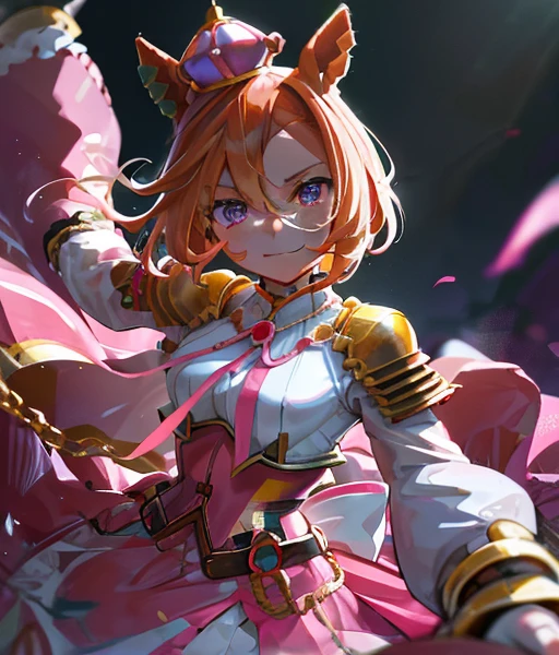 There is a chestnut horse🐎　Blonde woman riding a horse　Ride a thoroughbred🐎　Surrounded by cherry blossoms at night　T.m. Opera About (Uma Musume),, Alone, boyish, 15years old,orange hair,dark purple eyes,horse ears, horse tail,small crown,long sleeve shirtt, golden corset,golden belt,belt on corset, light pink and white pleated skirt, pink lame cloak,epaulette, white socks, fingerless gloves, golden cuffs, golden accessories,medal of gold, gold chain,pink ribbon, jewelry accessories,happy,throw,turn around

