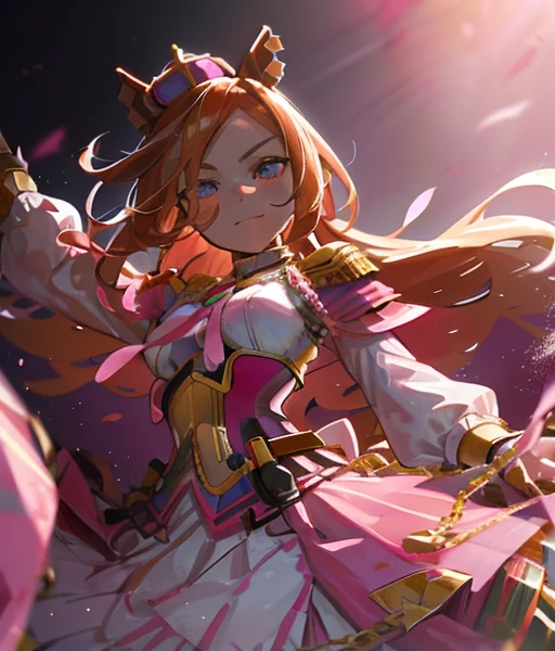 There is a chestnut horse🐎　Blonde woman riding a horse　Ride a thoroughbred🐎　Surrounded by cherry blossoms at night　T.m. Opera About (Uma Musume),, Alone, boyish, 15years old,orange hair,dark purple eyes,horse ears, horse tail,small crown,long sleeve shirtt, golden corset,golden belt,belt on corset, light pink and white pleated skirt, pink lame cloak,epaulette, white socks, fingerless gloves, golden cuffs, golden accessories,medal of gold, gold chain,pink ribbon, jewelry accessories,happy,throw,turn around

