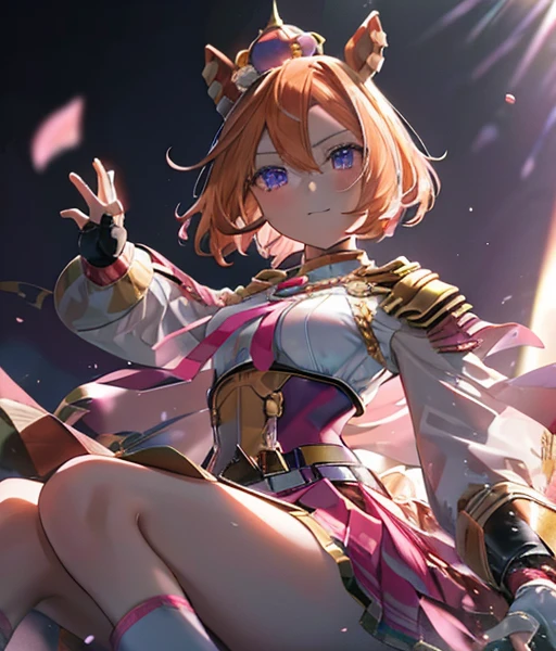 There is a chestnut horse🐎　Blonde woman riding a horse　Ride a thoroughbred🐎　Surrounded by cherry blossoms at night　T.m. Opera About (Uma Musume),, Alone, boyish, 15years old,orange hair,dark purple eyes,horse ears, horse tail,small crown,long sleeve shirtt, golden corset,golden belt,belt on corset, light pink and white pleated skirt, pink lame cloak,epaulette, white socks, fingerless gloves, golden cuffs, golden accessories,medal of gold, gold chain,pink ribbon, jewelry accessories,happy,throw,turn around　ここには馬がいます🐎

