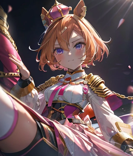 There is a chestnut horse🐎　Blonde woman riding a horse　Ride a thoroughbred🐎　Surrounded by cherry blossoms at night　T.m. Opera About (Uma Musume),, Alone, boyish, 15years old,orange hair,dark purple eyes,horse ears, horse tail,small crown,long sleeve shirtt, golden corset,golden belt,belt on corset, light pink and white pleated skirt, pink lame cloak,epaulette, white socks, fingerless gloves, golden cuffs, golden accessories,medal of gold, gold chain,pink ribbon, jewelry accessories,happy,throw,turn around　ここには馬がいます🐎

