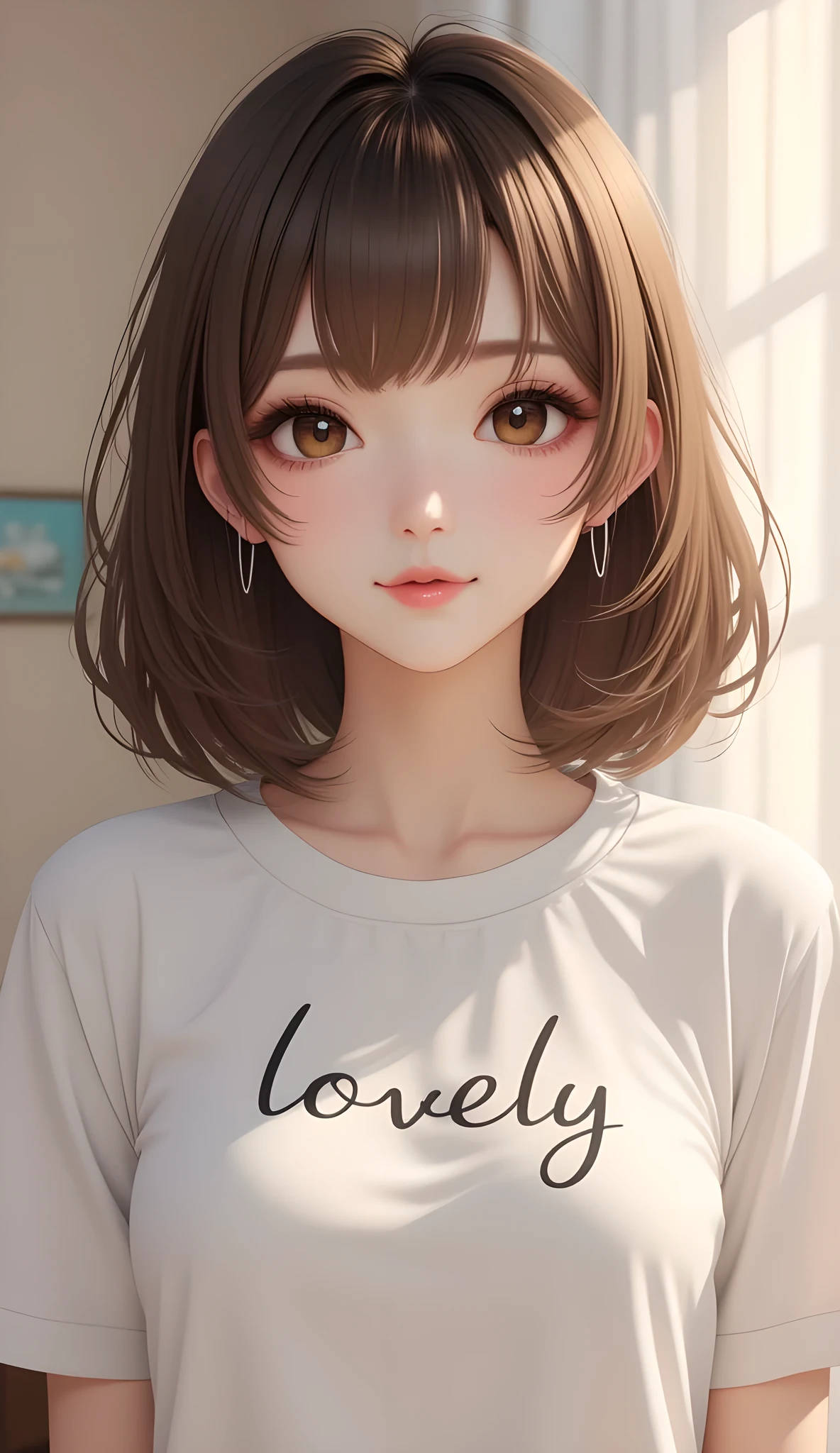 1girl, bluntbangs, Shirt print text" Lovely,"