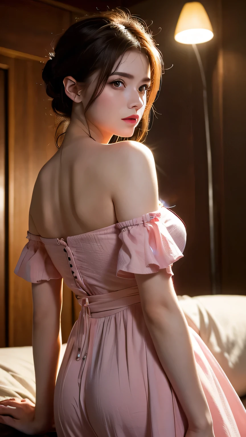 Best Quality, Masterpiece, Ultra High Resolution, (Realisticity: 1.4), Original Photo, 1girl, Pink Off-the-Shoulder, Cinematic Lighting