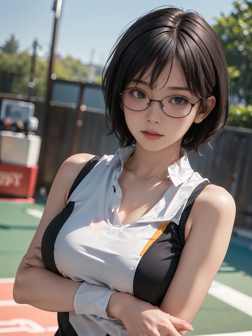 8k,Best Quality,(masterpiece:1.2),(Realistic),(Realistic:1.37),Ultra-high resolution,1. ((Japanese women))、((Mature Woman))、((Married Woman))、Droopy eyes,Beautiful teeth alignment,((Wear rimless glasses))、((Black short bob hair))、 ((Front View))((Lean forward to accentuate your chest)),((Upper body close-up))Well-formed fingers,((Tennis Player))(((She was wearing a sleeveless tennis uniform..、Accentuate your breasts..))),(((My chest is wide open, Accentuate your breasts.)))((Large Breasts))、((Big Breasts))((Accentuate nipple protrusion))、Perfect body,Perfect Fingers,Beautiful Skin,Professional Lighting,gravure,Detailed face and skin texture,fine grain,RAW Photos