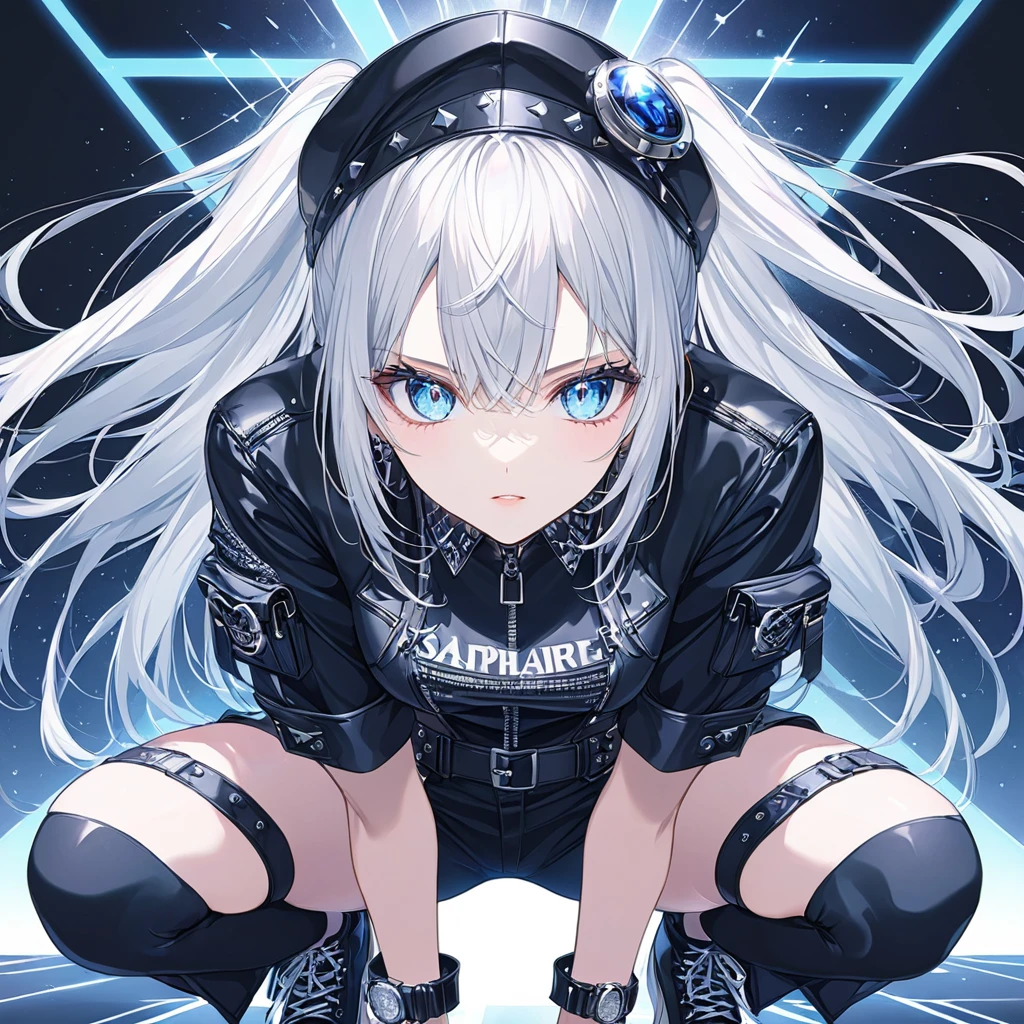 Anime Style,One woman,Wear a cap,White Hair,lob hair,blue eyes,Shining Eyes,緑にShining Eyesのハイライト,Like Sapphire Punk Rock Outfit,Metallic Image,black,Crouching,Symmetrical Emphasis on the feminine,Blur the background Masterpiece,Best Quality,Exquisite,8k,Absurd,Ultra-detailed illustrations,(Watch the audience)