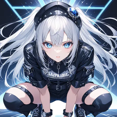 anime style,one woman,wear a cap,white hair,lob hair,blue eyes,shining eyes,緑にshining eyesのハイライト,like sapphire punk rock outfit,...