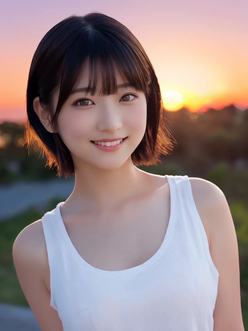 masterpiece, Best Quality, One Woman, (RAW Photos, Best Quality), (reality, Realistic:1.4), Clean look、Iris、Very detailed eyes and face, Beautiful and detailed nose, beautiful eyes, Perfect Anatomy, Black short hair、bangs、Orange tank top, Shorts、Mid-chest、 Glowing Skin,(Light on the cheeks)、A cool smile、( Sunset background:1.4),